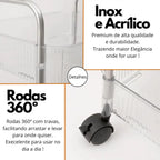 Carrinho Organizador Multiuso 3 Andares com Rodinhas 360° – Acrílico Transparente e Estrutura Resistente